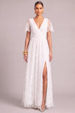 White A-Line V-Neck Embroidered Floor Length Boho Wedding Dress with Slit