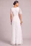 White A-Line V-Neck Embroidered Floor Length Boho Wedding Dress with Slit