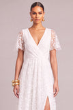 White A-Line V-Neck Embroidered Floor Length Boho Wedding Dress with Slit