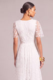 White A-Line V-Neck Embroidered Floor Length Boho Wedding Dress with Slit