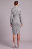 Grey 2 Piece Peak Lapel Double Breasted Midi Business Suits with Sleeves
