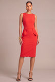 Red Round Neck Ruffled Pencil Mdi Work Dress