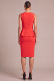 Red Round Neck Ruffled Pencil Mdi Work Dress