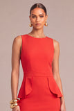 Red Round Neck Ruffled Pencil Mdi Work Dress