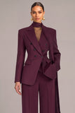 Plum 2 Piece Peak Lapel Double Breasted Business Suits with Neck Scarf