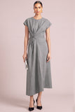 Grey A-Line Round Neck Ruched Midi Work Dress with Sleeves