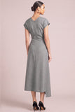 Grey A-Line Round Neck Ruched Midi Work Dress with Sleeves
