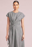 Grey A-Line Round Neck Ruched Midi Work Dress with Sleeves