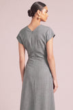 Grey A-Line Round Neck Ruched Midi Work Dress with Sleeves