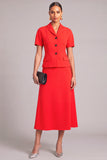 Red Notched Lapel 2 Piece Single Breasted A-Line Midi Work Dress