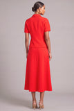 Red Notched Lapel 2 Piece Single Breasted A-Line Midi Work Dress