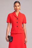 Red Notched Lapel 2 Piece Single Breasted A-Line Midi Work Dress