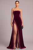 Dark Red Corset Velvet Mermaid Strapless Long Formal Dress with Slit