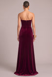 Dark Red Corset Velvet Mermaid Strapless Long Formal Dress with Slit