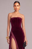 Dark Red Corset Velvet Mermaid Strapless Long Formal Dress with Slit