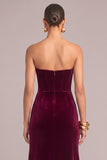 Dark Red Corset Velvet Mermaid Strapless Long Formal Dress with Slit