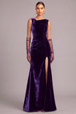Dark Purple Velvet Mermaid Cowl Neck Long Formal Dress with Slit