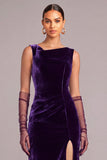 Dark Purple Velvet Mermaid Cowl Neck Long Formal Dress with Slit