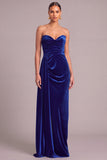 Royal Blue Velvet Strapless Mermaid Ruched Long Formal Dress