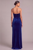 Royal Blue Velvet Strapless Mermaid Ruched Long Formal Dress