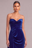 Royal Blue Velvet Strapless Mermaid Ruched Long Formal Dress