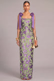 Sparkly Floral Sheath Square Neck Long Formal Dress with Bow