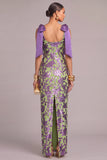 Sparkly Floral Sheath Square Neck Long Formal Dress with Bow