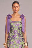 Sparkly Floral Sheath Square Neck Long Formal Dress with Bow