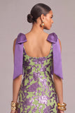 Sparkly Floral Sheath Square Neck Long Formal Dress with Bow
