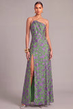 Green Floral A-LineOne Shoulder Long Formal Dress with Slit