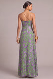 Green Floral A-LineOne Shoulder Long Formal Dress with Slit