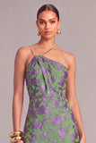 Green Floral A-LineOne Shoulder Long Formal Dress with Slit