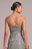 Green Floral A-LineOne Shoulder Long Formal Dress with Slit