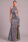 Sparkly Green Floral Mermaid High Neck Ruffled Long Formal Dress with Slit