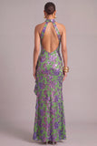 Sparkly Green Floral Mermaid High Neck Ruffled Long Formal Dress with Slit
