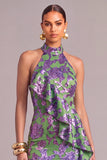 Sparkly Green Floral Mermaid High Neck Ruffled Long Formal Dress with Slit