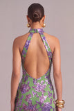 Sparkly Green Floral Mermaid High Neck Ruffled Long Formal Dress with Slit