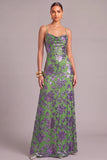 Sparkly Green Floral Mermaid Cowl Neck Long Formal Dress