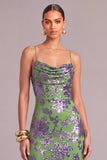 Sparkly Green Floral Mermaid Cowl Neck Long Formal Dress