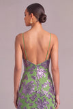 Sparkly Green Floral Mermaid Cowl Neck Long Formal Dress