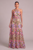 Apricot A-Line Round Neck Long Floral Formal Dress