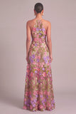 Apricot A-Line Round Neck Long Floral Formal Dress