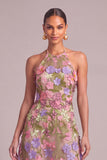 Apricot A-Line Round Neck Long Floral Formal Dress