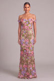 Apricot Mermaid Off the Shoulder Floral Long Formal Dress