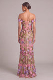 Apricot Mermaid Off the Shoulder Floral Long Formal Dress