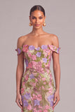 Apricot Mermaid Off the Shoulder Floral Long Formal Dress