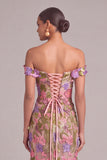 Apricot Mermaid Off the Shoulder Floral Long Formal Dress