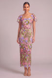 Apricot Sheath Square Neck Floral Long Formal Dress with Slit