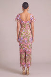 Apricot Sheath Square Neck Floral Long Formal Dress with Slit