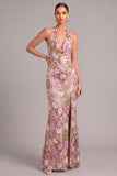 Lilac Mermaid Halter Floral Long Formal Dress with Slit